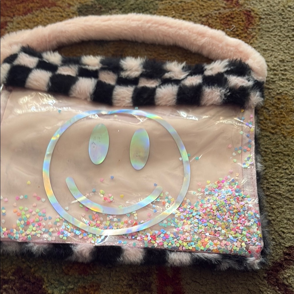 Furry Checkered Handle Bag with Smiley Face